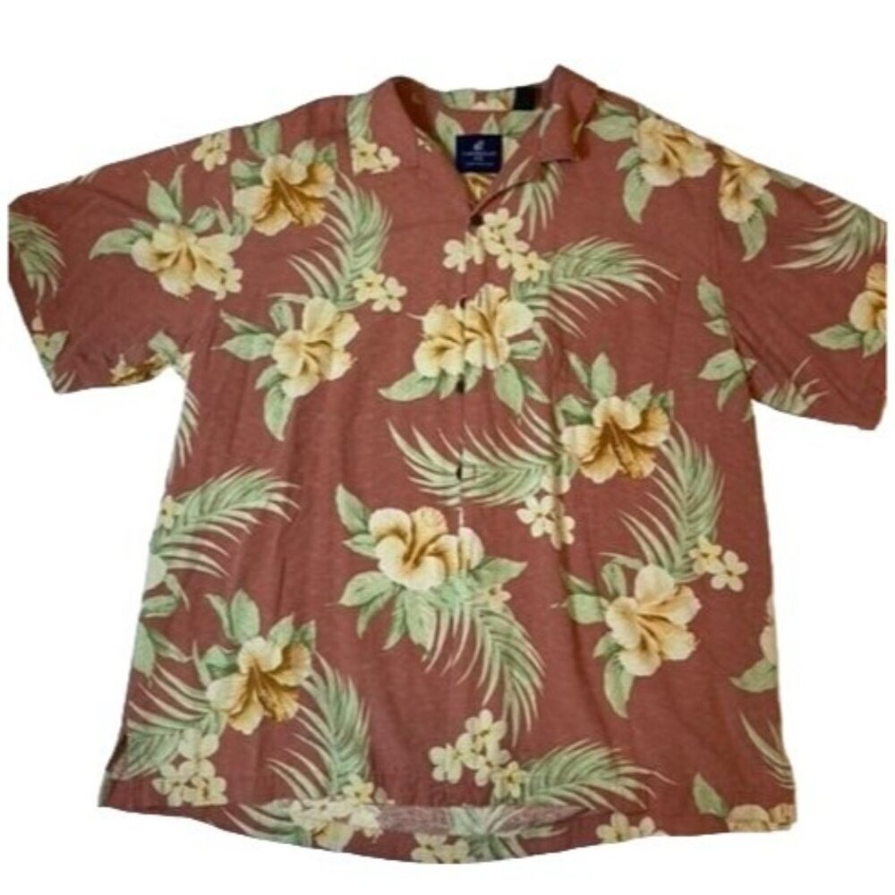 Mens Caribbean Joe Hawaiian Silk Shirt Short‎ Sleeve Pink Green Cream 2X